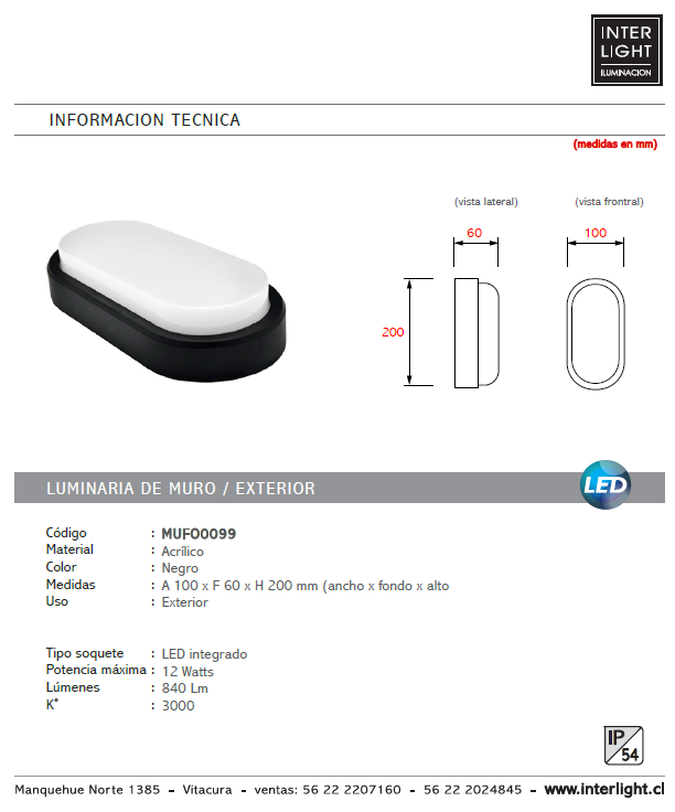 Foco sobrepuesto acrílico negro exterior LED 12W - MUFO0099