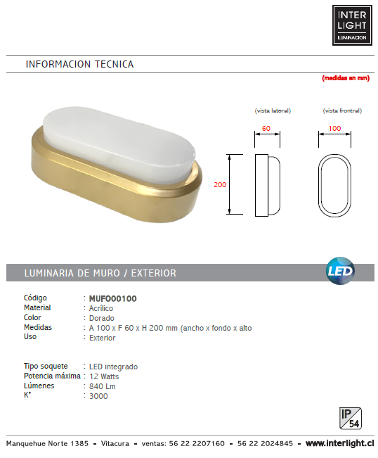 Foco sobrepuesto acrílico dorado exterior LED 12W - MUFO0100