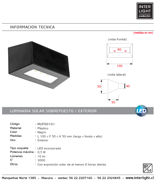 Foco sobrepuesto exterior plástico negro solar pack 2 unidades 10x5 cm IP54 LED 0,5W - MUFO0101