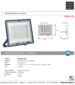 Proyector de área aluminio vidrio gris oscuro exterior IP66  20x16 cm  LED 50W - MUFO0109