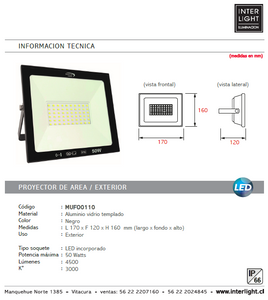 Proyector de área aluminio vidrio negro exterior IP66  17x16  cm  LED 50W