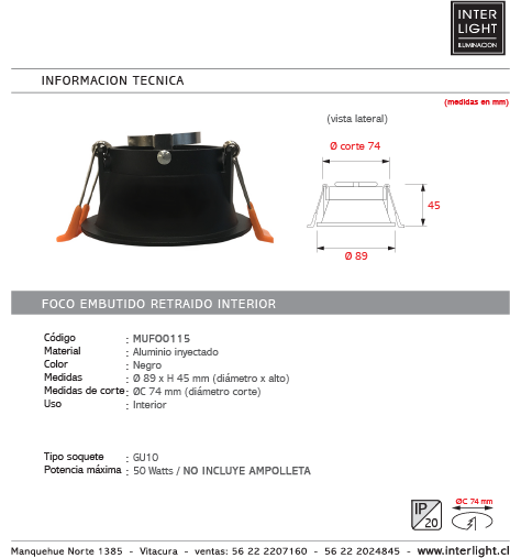 Foco embutido retraído metal negro Ø8,9 cm GU10 - MUFO0115