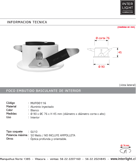 Foco embutido aluminio blanco óptica profunda Ø9x4,5 cm GU10 - MUFO0116
