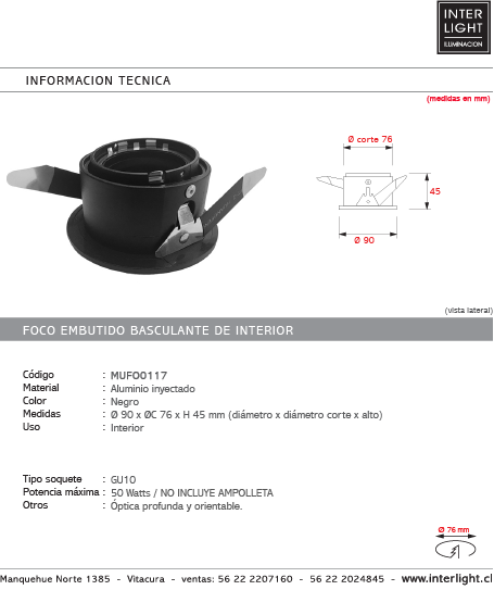Foco embutido aluminio negro óptica profunda Ø9x4,5 cm GU10 - MUFO0117