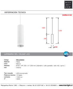 Lámpara colgante metal blanco 15W Ø6x20 cm LED - MULC0002