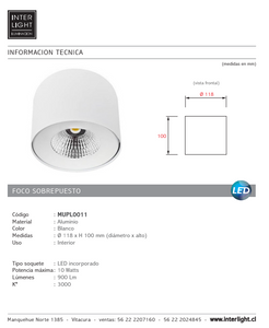Plafón aluminio blanco Ø 11,8x10 cm LED 10W - MUPL0011