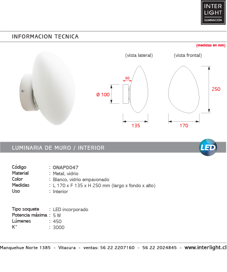 Apliqué metal blanco vidrio empavonado de 13,5x25 cm LED 5W - ONAP0047