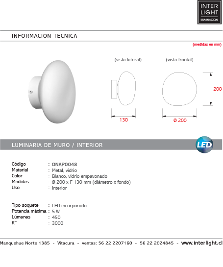 Apliqué metal blanco vidrio empavonado de Ø20x13 cm LED 5W - ONAP0048