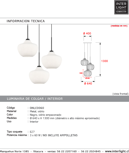Lámpara colgante metal negro vidrio empavonado 3 luces Ø64cm E27 - ONLC0060