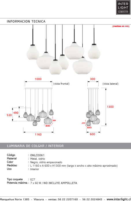 Lámpara colgante metal negro vidrio empavonado  7 luces 1,16x60 cm E27 - ONLC0061