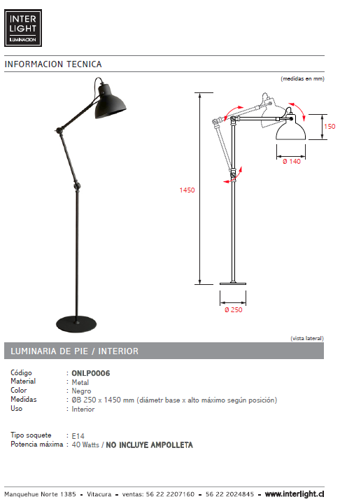 Lámpara de pie dirigible metal negro Ø25x1,45 E14 - ONLP0006