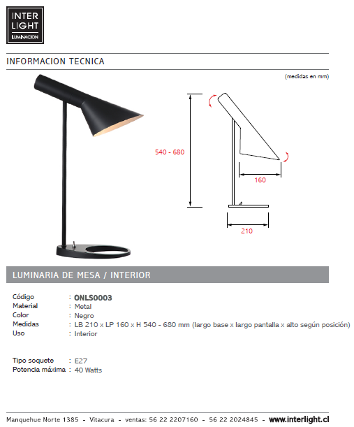 Lámpara sobremesa metal negro E27 - ONLS0003