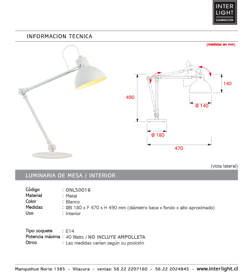 Lámpara de sobremesa dirigible metal blanco E14 - ONLS0016