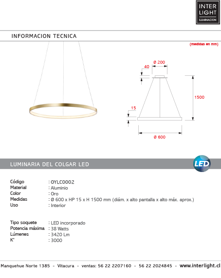 Lámpara colgante aluminio oro aro Ø 60 cm LED 38W - OYLC0002