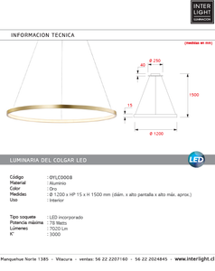 Lámpara colgante aluminio oro aro Ø 120 cm LED 78W - OYLC0008