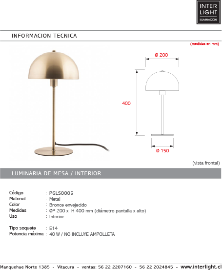 Lámpara sobremesa metal bronce envejecido Ø20x40 cm E14 - PGLS0005
