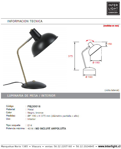 Lámpara sobremesa metal negro bronce Ø19x37,5 cm E14 - PGLS0016