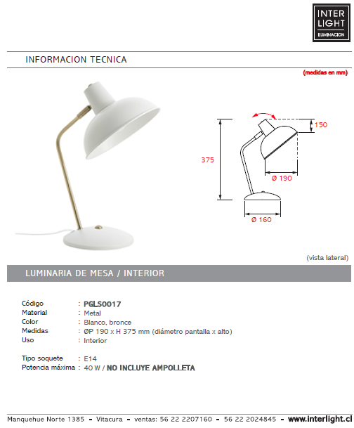 Lámpara sobremesa metal blanco bronce Ø19x37,5 cm E14 - PGLS0017