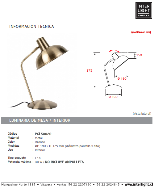 Lámpara sobremesa metal bronce Ø19x37,5 cm E14 - PGLS0020