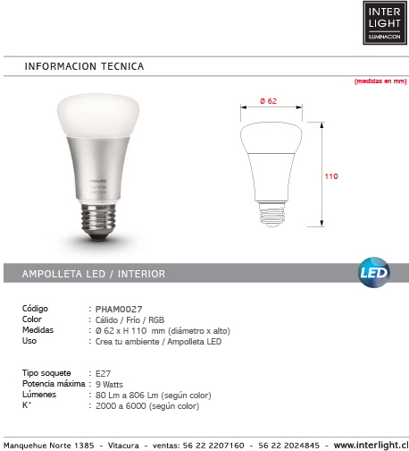Ampolleta luz cálida, fría, RGB E27 9W - PHAM0027