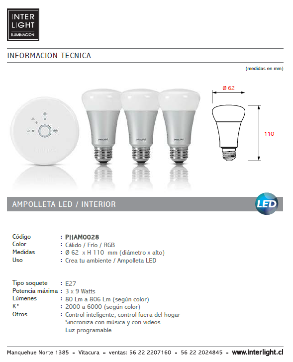 Ampolleta luz cálida, fría, RGB E27 3 x 9W + kit control - PHAM0028