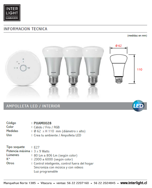 Ampolleta luz cálida, fría, RGB E27 3 x 9W + kit control - PHAM0028