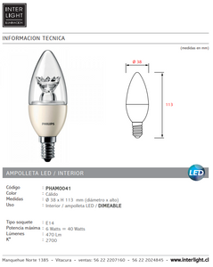 Ampolleta vela dimeable luz cálida LED 6W E14 - PHAM0041