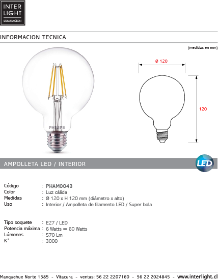 Ampolleta transparente vintage luz cálida LED 6W E27 - PHAM0043
