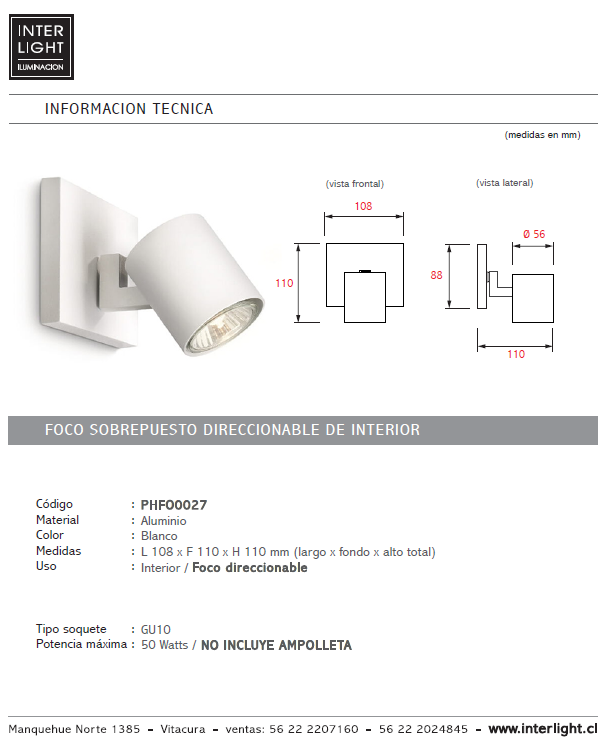 Foco sobrepuesto muro o techo aluminio blanco GU10 50W - PHFO0027