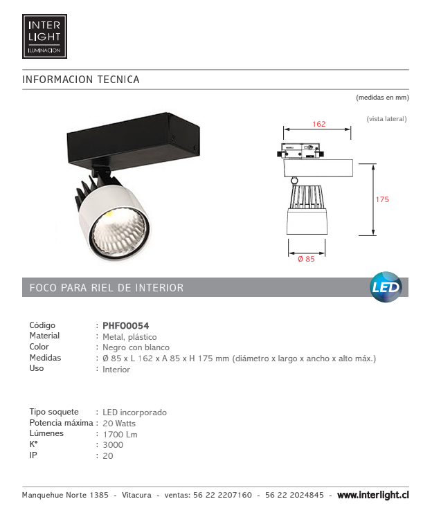 Foco para riel metal y plástico negro con blanco LED 20W - PHFO0054