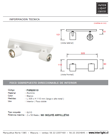 Foco aluminio blanco 2 luces 30,5 cm GU10 - PHRE0010