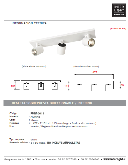 Foco aluminio blanco 3 luces 47,7 cm GU10 - PHRE0011
