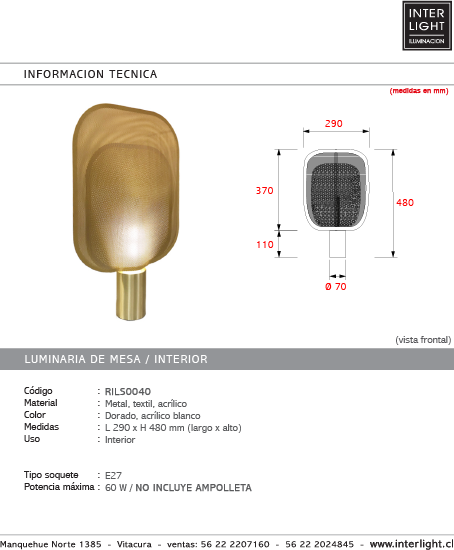 Lámpara sobremesa metal textil dorado 29x48 cm E27 - RILS0040