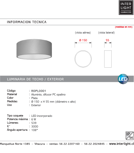 Plafón aluminio, difusor PC opalino plata exterior Ø15x5,5 cm 6W - ROPL0001