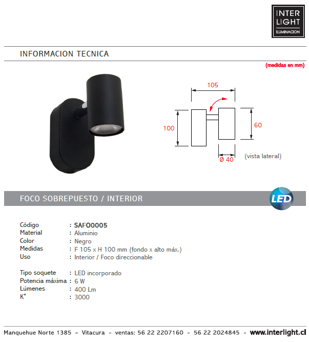 Foco direccionable aluminio negro LED 6W - SAFO0005