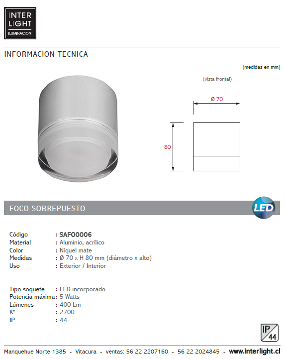 Foco sobrepuesto 5W con LED incorporado - SAFO0006