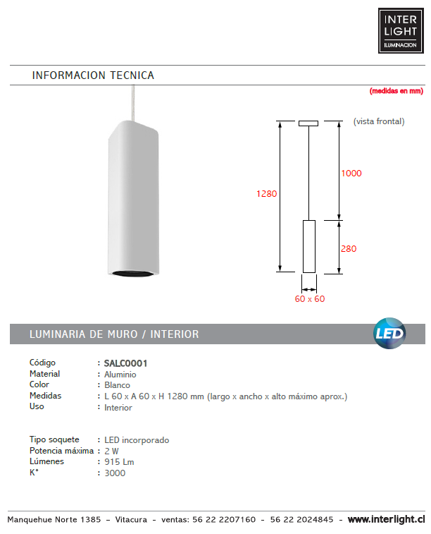 Lámpara colgante blanca 12W con LED incorporado - SALC0001