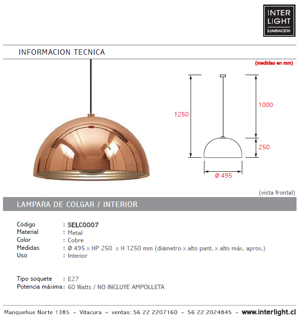 Lámpara colgante metal cobre  Ø 49,5 cm E27 - SELC0007