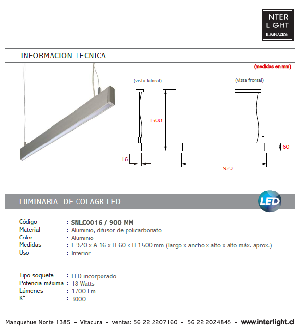 Lámpara colgante lineal LED 18W - SNLC0016
