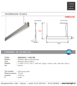 Lámpara colgante aluminio difusor policarbonato 1,50 cm LED 32,4W - SNLC0020