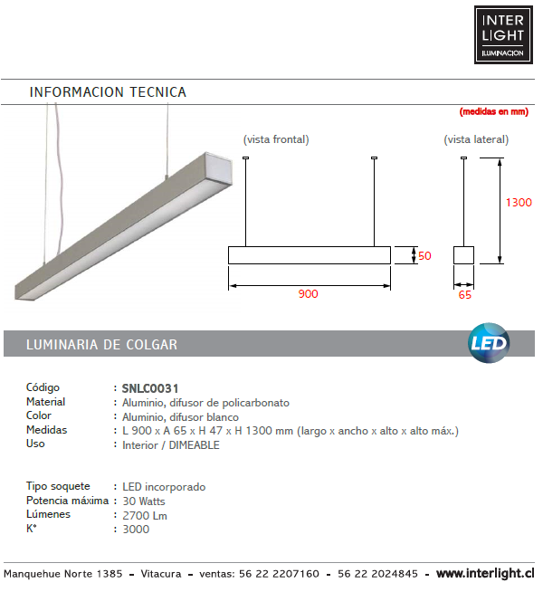 Lámpara colgante aluminio dimeable 90 cm LED 30W - SNLC0031