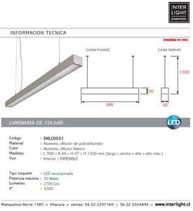Lámpara colgante aluminio dimeable 90 cm LED 30W - SNLC0031