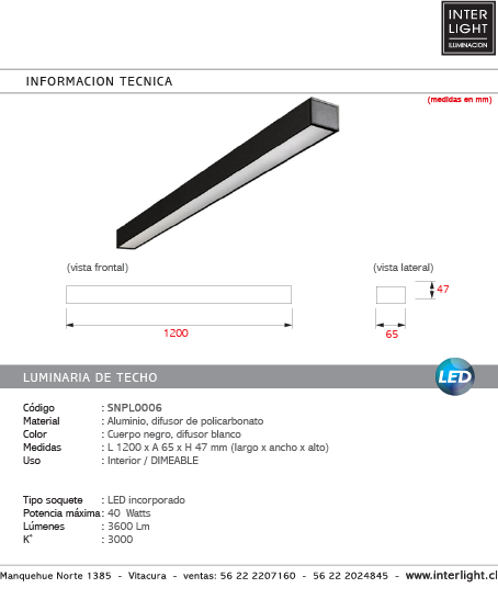 Plafón aluminio dimeable negro 1,20 cm LED 40W