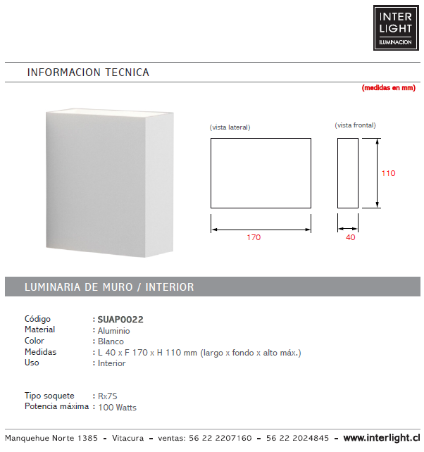 Apliqué aluminio blanco 4x11 cm Rx7S 100W - SUAP0022