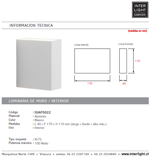Apliqué aluminio blanco 4x11 cm Rx7S 100W - SUAP0022