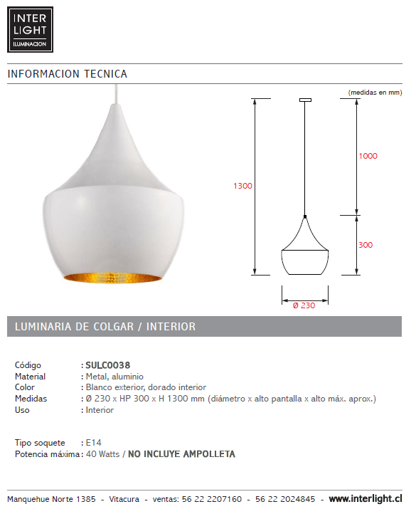 Lámpara colgante metal aluminio blanco dorado Ø 23 cm E27 - SULC0038