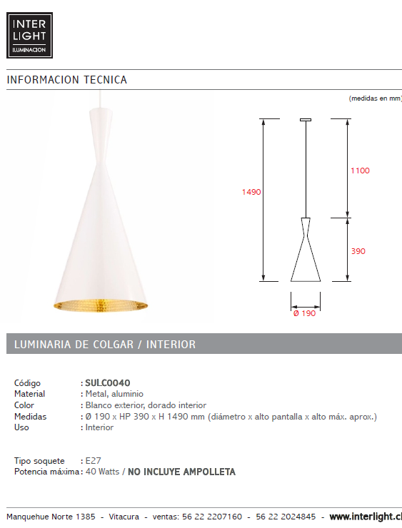 Lámpara colgante metal aluminio blanco dorado Ø 19 cm E27 - SULC0040
