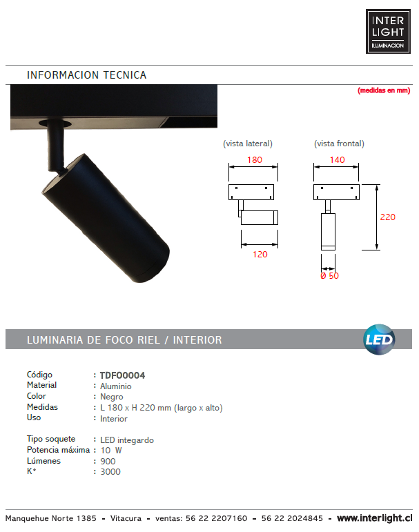 Foco metal negro para riel magnético 18x22 cm LED 10W 220V - TDFO0004