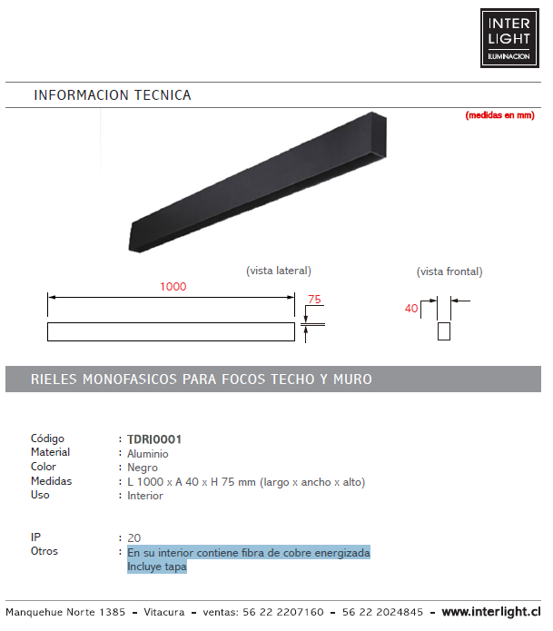 Riel aluminio magnetico negro para foco de techo 1MT - TDRI0001