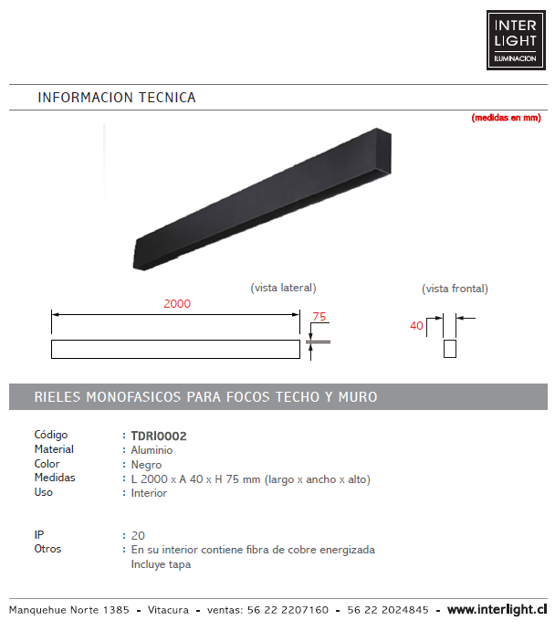 Riel aluminio magnetico negro para foco de techo 2MT - TDRI0002